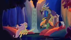 Size: 1920x1080 | Tagged: safe, artist:lionheartcartoon, discord, fluttershy, g4, fantasia, flying, grapes, mouth hold, pastoral symphony, scenery, unshorn fetlocks, waterfall