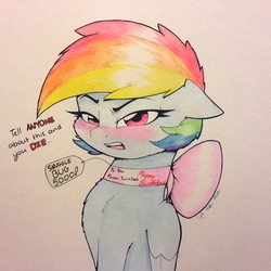 Size: 1829x1829 | Tagged: safe, artist:captainpudgemuffin, rainbow dash, pony, g4, blushing, bow, chest fluff, cute, dashabetes, female, fluffy, implied twidash, looking at you, mare, open mouth, present, ribbon, solo, traditional art, tsunderainbow, tsundere