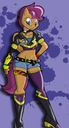 Size: 486x902 | Tagged: safe, artist:theburningdonut, scootaloo, anthro, g4, badass, belly button, belt, boots, choker, clothes, female, high heel boots, latex, leather jacket, midriff, older, shoes, shorts, simple background, solo, thigh boots, tube top