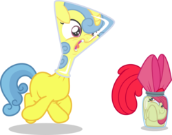 Size: 684x536 | Tagged: safe, artist:punzil504, apple bloom, lemon hearts, earth pony, pony, unicorn, amending fences, brotherhooves social, g4, :t, cute, erlenmeyer flask, filly, flaskhead hearts, foal, jar, jar bloom, open mouth, ponies are stretchy, pony in a bottle, simple background, stuck, tongue out, transparent background, vector, wide eyes