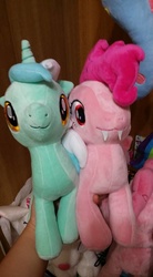 Size: 528x960 | Tagged: safe, artist:onlyfactory, lyra heartstrings, pinkie pie, bat pony, pony, g4, bootleg, irl, photo, pinkiebat, plushie