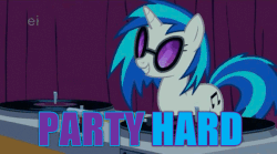 Size: 680x379 | Tagged: safe, edit, edited screencap, screencap, dj pon-3, vinyl scratch, g4, suited for success, animated, blue text, female, headbang, loop, male, meme, party hard, purple text, turntable