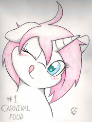 Size: 681x900 | Tagged: safe, artist:stormy-cloudy, oc, oc only, oc:cotton candy, blushing, licking, licking lips, solo, tongue out, traditional art, wink