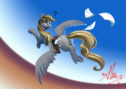 Size: 4000x2840 | Tagged: safe, artist:alumx, derpy hooves, pegasus, pony, g4, butt, female, flying, letter, looking back, mail, mare, plot, question mark, saddle bag, solo