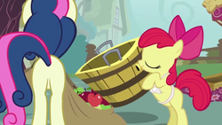 Size: 640x360 | Tagged: safe, screencap, apple bloom, bon bon, sweetie drops, earth pony, pony, call of the cutie, g4, bon butt, butt, female, i didn't put those in my bag, mare, plot