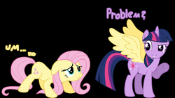 Size: 1920x1080 | Tagged: safe, edit, fluttershy, twilight sparkle, alicorn, pony, g4, body parts, earth pony fluttershy, female, floppy ears, mare, twilight sparkle (alicorn), wing theft, wings