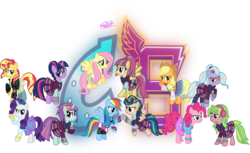 Size: 9543x5831 | Tagged: safe, artist:meganlovesangrybirds, applejack, fluttershy, indigo zap, lemon zest, pinkie pie, rainbow dash, rarity, sci-twi, sour sweet, sugarcoat, sunny flare, sunset shimmer, twilight sparkle, pony, equestria girls, g4, my little pony equestria girls: friendship games, absurd resolution, bowtie, canterlot high, clothes, cowboy hat, crystal prep academy, crystal prep academy uniform, crystal prep shadowbolts, denim skirt, equestria girls outfit, equestria girls ponified, floating, freckles, goggles, group, hat, headphones, human pony applejack, human pony dash, human pony fluttershy, human pony rarity, inkscape, leather jacket, logo, looking at each other, looking back, pleated skirt, ponified, raised hoof, school uniform, shadow five, signature, simple background, skirt, stetson, transparent background, unicorn sci-twi, vector, versus, wondercolts, wristband