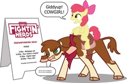 Size: 1600x1048 | Tagged: safe, artist:rich-jammer, apple bloom, arizona (tfh), cow, earth pony, pony, them's fightin' herds, g4, bandana, bow, cloven hooves, community related, crossover, crowdfunding, female, filly, hair bow, piggyback ride, riding, saddle