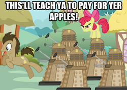 Size: 623x442 | Tagged: safe, edit, edited screencap, screencap, apple bloom, doctor whooves, time turner, alien, pony, call of the cutie, g4, crossover, dalek, doctor who, image macro, male, meme, stallion, the doctor, this will end in tears and/or death and/or covered in tree sap