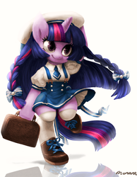 Size: 700x901 | Tagged: safe, artist:nonananana, twilight sparkle, anthro, g4, alternate hairstyle, beret, braid, clothes, cute, female, school uniform, schoolgirl, simple background, skirt, solo, twiabetes, white background