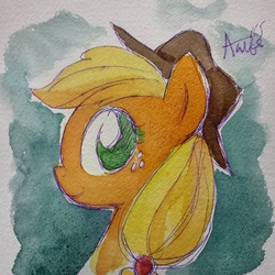 Size: 640x640 | Tagged: safe, artist:agnesgarbowska, applejack, g4, female, looking at you, solo, traditional art, watercolor painting