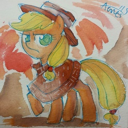 Size: 640x640 | Tagged: safe, artist:agnesgarbowska, applejack, g4, clint eastwood, clothes, female, looking at you, solo, the man with no name, traditional art, watercolor painting