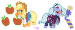 Size: 4482x1823 | Tagged: safe, artist:meganlovesangrybirds, applejack, sugarcoat, equestria girls, g4, my little pony equestria girls: friendship games, bowtie, canterlot high, clothes, cowboy hat, crystal prep academy, crystal prep academy uniform, crystal prep shadowbolts, cutie mark, denim skirt, equestria girls outfit, equestria girls ponified, freckles, glasses, hat, headphones, high res, human pony applejack, inkscape, logo, looking at each other, looking back, pigtails, pleated skirt, ponified, raised hoof, school uniform, signature, simple background, skirt, stetson, transparent background, vector, versus, wondercolts, wristband