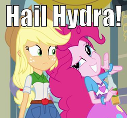 Size: 375x350 | Tagged: safe, applejack, pinkie pie, equestria girls, g4, hail hydra, image macro, marvel, meme