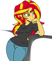 Size: 1039x1200 | Tagged: dead source, safe, artist:reiduran, sunset shimmer, human, equestria girls, g4, bored, breasts, busty sunset shimmer, clothes, colored, curvy, female, hourglass figure, jeans, lidded eyes, looking away, pants, sexy, shirt, simple background, solo, t-shirt, white background, wide hips