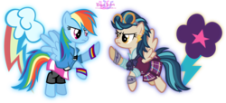Size: 3957x1801 | Tagged: safe, artist:meganlovesangrybirds, indigo zap, rainbow dash, equestria girls, g4, my little pony equestria girls: friendship games, bowtie, canterlot high, clothes, crystal prep academy, crystal prep academy uniform, crystal prep shadowbolts, cutie mark, ear piercing, equestria girls outfit, equestria girls ponified, floating, goggles, human pony dash, inkscape, logo, looking at each other, piercing, pleated skirt, ponified, school uniform, signature, simple background, skirt, transparent background, vector, versus, wondercolts, wristband