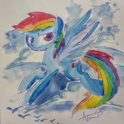 Size: 640x640 | Tagged: safe, artist:agnesgarbowska, rainbow dash, g4, female, flying, looking at you, sketch, solo, traditional art, watercolor painting