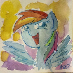Size: 640x640 | Tagged: safe, artist:agnesgarbowska, rainbow dash, g4, female, open mouth, solo, traditional art, watercolor painting