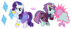 Size: 4298x1767 | Tagged: safe, artist:meganlovesangrybirds, rarity, sunny flare, equestria girls, g4, my little pony equestria girls: friendship games, bowtie, canterlot high, clothes, crystal prep academy, crystal prep academy uniform, crystal prep shadowbolts, cutie mark, equestria girls outfit, equestria girls ponified, glasses, hairclip, high res, human pony rarity, inkscape, logo, looking at each other, looking back, pleated skirt, ponified, school uniform, signature, simple background, skirt, transparent background, vector, versus, wondercolts, wristband