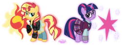 Size: 4883x1842 | Tagged: safe, artist:meganlovesangrybirds, sci-twi, sunset shimmer, twilight sparkle, pony, unicorn, equestria girls, g4, my little pony equestria girls: friendship games, clothes, crystal prep academy, crystal prep academy uniform, crystal prep shadowbolts, cutie mark, equestria girls outfit, equestria girls ponified, glasses, hairclip, high res, inkscape, leather jacket, logo, looking at each other, looking back, pleated skirt, ponified, raised hoof, school uniform, signature, simple background, skirt, transparent background, unicorn sci-twi, vector, versus