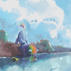 Size: 4000x4000 | Tagged: safe, artist:sharpieboss, rainbow dash, g4, absurd resolution, bucket, cloud, cloudy, female, solo, water