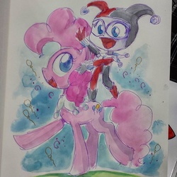 Size: 640x640 | Tagged: safe, artist:agnesgarbowska, pinkie pie, human, g4, crossover, harley quinn, humans riding ponies, open mouth, riding, traditional art, watercolor painting