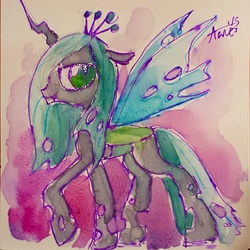 Size: 640x640 | Tagged: safe, artist:agnesgarbowska, queen chrysalis, changeling, changeling queen, g4, female, looking at you, solo, traditional art, watercolor painting