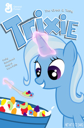 Size: 1000x1520 | Tagged: safe, artist:resistance-of-faith, trixie, pony, unicorn, g4, artifact, blue background, bowl, cereal, cereal box, female, food, logo, magic, mare, milk, parody, pun, simple background, smiling, solo, spoon, telekinesis, text, trix