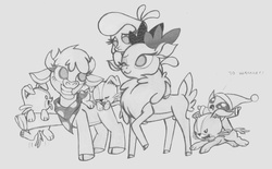 Size: 1280x792 | Tagged: safe, artist:lockerobster, arizona (tfh), pom (tfh), velvet (tfh), cow, deer, dog, lamb, reindeer, sheep, winter sprite, them's fightin' herds, bandana, cloven hooves, community related, female, monochrome, pencil drawing, puppy, simple background, traditional art, white background, woof ruff tuft puff