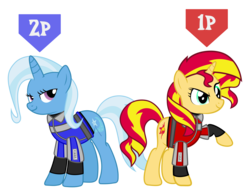 Size: 3250x2500 | Tagged: safe, artist:joeycrick, artist:paulysentry, artist:uxyd, sunset shimmer, trixie, pony, unicorn, g4, duo, high res, simple background, time crisis
