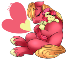 Size: 1024x819 | Tagged: safe, artist:dragonfoxgirl, apple bloom, big macintosh, earth pony, pony, brotherhooves social, g4, adorabloom, cute, duo, female, filly, foal, heart, hug, macabetes, male, simple background, stallion, transparent background