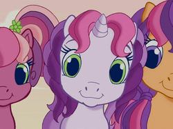 Size: 786x588 | Tagged: safe, screencap, cheerilee (g3), scootaloo (g3), sweetie belle (g3), earth pony, pony, unicorn, g3, g3.5, twinkle wish adventure, cheeribetes, cute, female, filly, flower, flower in hair, foal, g3 cutealoo, g3 diasweetes, looking at you, trio