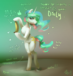 Size: 5136x5354 | Tagged: safe, artist:alumx, princess celestia, alicorn, pony, semi-anthro, g4, absurd resolution, advertisement, balancing, banana, bedroom eyes, bipedal, female, fluffy, hoof hold, looking at you, missing accessory, raised leg, smiling, solo, thumbs up