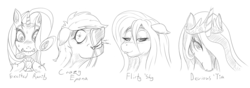 Size: 1250x439 | Tagged: safe, artist:shybaldur, fluttershy, princess celestia, rarity, earth pony, pony, g4, :p, bedroom eyes, bit, bridle, epona, excited, female, flirting, floppy ears, grin, insanity, lip bite, looking at you, mare, monochrome, ponified, smiling, the legend of zelda, tongue out, wide eyes