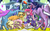 Size: 1280x800 | Tagged: safe, artist:shybaldur, applejack, fluttershy, pinkie pie, rainbow dash, rarity, spike, trixie, twilight sparkle, alicorn, pony, g4, female, fire ruby, mane seven, mane six, mare, twilight sparkle (alicorn)