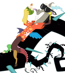 Size: 1023x1149 | Tagged: safe, artist:discorded, discord, g4, princess twilight sparkle (episode), black vine, clothes, coconut cup, hawaiian shirt, male, simple background, solo, sunglasses, vine