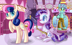 Size: 1280x800 | Tagged: safe, artist:tamoqu, bon bon, lyra heartstrings, rarity, sweetie drops, earth pony, pony, g4, bipedal, carousel boutique, clothes, pants