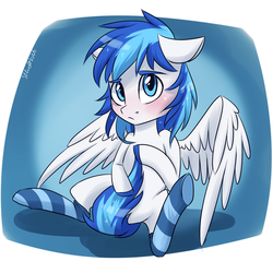 Size: 2000x2000 | Tagged: safe, artist:silbersternenlicht, oc, oc only, oc:rainy, pegasus, pony, blue eyes, blushing, clothes, confused, covering, floppy ears, frown, high res, looking at you, male, sitting, socks, solo, spread legs, spread wings, striped socks, tail covering, wings