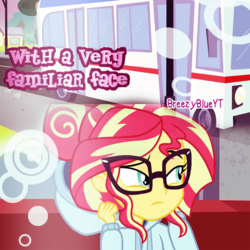 Size: 1000x1000 | Tagged: safe, artist:breezyblueyt, edit, sunset shimmer, equestria girls, g4, my little pony equestria girls: friendship games, alternate hairstyle, bun, clothes, clothes swap, glasses, hoodie