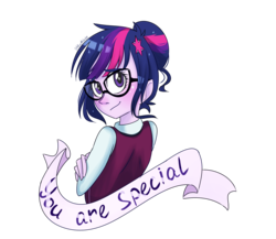 Size: 2300x2000 | Tagged: safe, artist:silbersternenlicht, sci-twi, twilight sparkle, equestria girls, g4, my little pony equestria girls: friendship games, banner, clothes, crossed arms, crystal prep academy, crystal prep academy uniform, crystal prep shadowbolts, female, glasses, high res, looking back, motivational, positive message, positive ponies, school uniform, solo, text