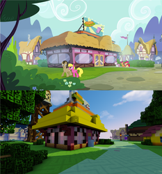 Size: 1908x2044 | Tagged: safe, edit, edited screencap, screencap, apple bloom, cherry berry, doctor whooves, scootaloo, sweetie belle, time turner, g4, brohoof.com, burger, cutie mark crusaders, female, food, hay burger, minecraft, ponyville, tree