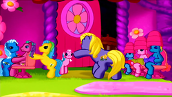 Size: 1280x720 | Tagged: safe, screencap, cotton candy (g3), daisyjo, piccolo, pinkie pie (g3), seaspray (g3), skip and along, starbeam, sweetberry, earth pony, pony, g3, the princess promenade, a princess is in town, animation error, book, clone, cotton candy clone, covering, cute, diacolo, door, door open, female, g3 adorabeam, g3 adoraspray, g3 cottoncandybetes, g3 dawwsyjo, group, mare, open, petal parlor, pretty, reading, sitting, skipabetes, smiling, sweet sweetberry, walking