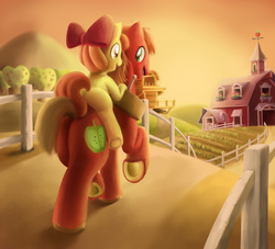 Size: 1080x980 | Tagged: source needed, safe, artist:dipingxiangtr, apple bloom, big macintosh, earth pony, pony, brotherhooves social, g4, apple bloom riding big macintosh, male, ponies riding ponies, riding, stallion, sweet apple acres