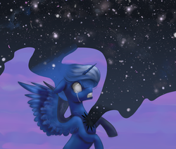 Size: 1082x912 | Tagged: safe, artist:amber flicker, princess luna, g4, crying, female, injured, night sky, solo, stars