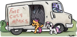 Size: 539x261 | Tagged: safe, artist:adequality, artist:spurkeht, color edit, edit, scootaloo, sweetie belle, trixie, pegasus, pony, unicorn, comic:cwotie mok quosardees adventures, g4, butcher knife, colored, dark comedy, derp, female, filly, hook, mare, naive, naive sweetie belle, naivete of youth, rape van, rapeface, seems legit, sweetie fail, this will end in jail time, this will end in rape, this will end in tears and/or death, this will not end well, too dumb to live, trixie's funhouse, van, vehicle