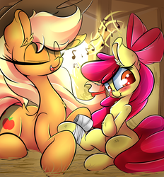 Size: 1900x2050 | Tagged: safe, artist:madacon, apple bloom, applejack, earth pony, pony, g4, apple sisters, bandage, blushing, embarrassed, eyes closed, female, filly, foal, injured, mare, scrunchy face, siblings, singing, sisters