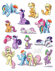 Size: 850x1100 | Tagged: safe, artist:octanbearcat, applejack, fluttershy, pinkie pie, rainbow dash, rarity, scootaloo, spike, sweetie belle, twilight sparkle, alicorn, pony, g4, boop, female, mane seven, mane six, mare, twilight sparkle (alicorn)