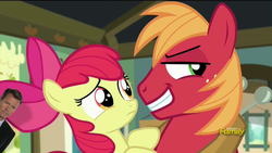 Size: 1920x1080 | Tagged: safe, edit, edited screencap, screencap, apple bloom, big macintosh, earth pony, pony, brotherhooves social, g4, bedroom eyes, chris hansen, farm, frown, grin, implied incest, implying, male, meme, out of context, shit eating grin, slasher smile, smirk, smug, stallion, stranger danger, wide eyes, worried