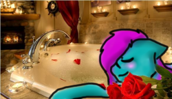 Size: 250x145 | Tagged: safe, artist:minty-answers, minty, vocational death cruise, g3, bath, bathtub, blushing, bubble bath, eyes closed, fireplace, floppy ears, irl, photo, ponies in real life, rose