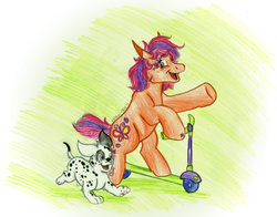 Size: 1853x1456 | Tagged: safe, artist:animagicworld, scootaloo (g3), dalmatian, dog, g3, scooter, traditional art